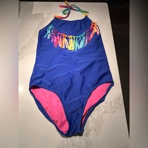 Xhiliration one piece bathing suit for girls size 10-12.  Blue suit with fringe